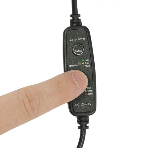 Close-up of a hand pointing at a timer on the 40 Pod Smart Indoor Hydroponic Garden Tower With Full Spectrum LED Grow Light, white background.