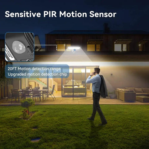 Outdoor Solar Flood Light With Motion Sensor, 4 Lighting Modes, 2100LM Bright As Day illuminating house and yard