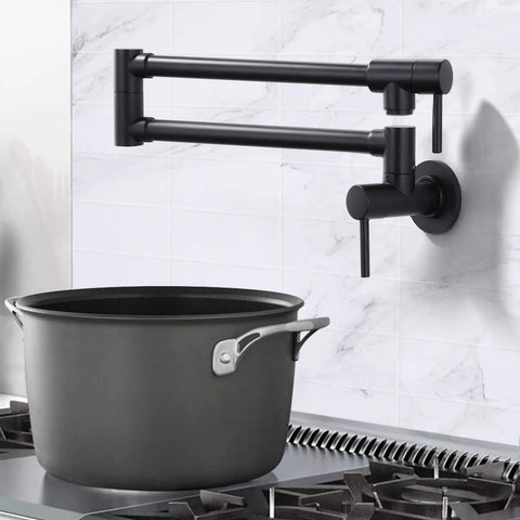 Solid Brass Pot Filler Faucet With Matte Black Finish Wall Mount Folding Kitchen Sink Filler Faucet Retractable 360 Degree Swivel No Fuss Single Hole With Dual Handles For Stove And Sink above a black pot on stove