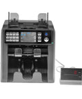 High Speed Automatic Cash Counter With Instant Denomination Detection For Banks And Local Shops, front view with display and bill feeders.
