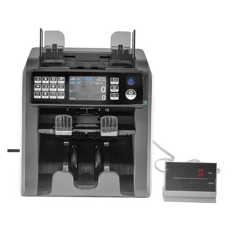 High Speed Automatic Cash Counter With Instant Denomination Detection For Banks And Local Shops, front view with display and bill feeders.
