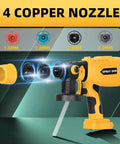 Cordless HVLP Paint Sprayer Compatible With Twenty Volt Batteries Brushless Motor Copper Nozzle Fast Rinse Design showcasing four copper nozzles in various sizes.