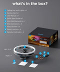 Twenty Inch Flush Mount Ceiling Fan With Killer RGBIC SmartApp LED Lighting And Dual Layer Color Changing Glow Featuring Smooth Oscillating Motion And Vibe Ready Decor For Modern Homes components in open box layout.