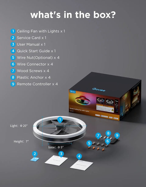 Twenty Inch Flush Mount Ceiling Fan With Killer RGBIC SmartApp LED Lighting And Dual Layer Color Changing Glow Featuring Smooth Oscillating Motion And Vibe Ready Decor For Modern Homes components in open box layout.