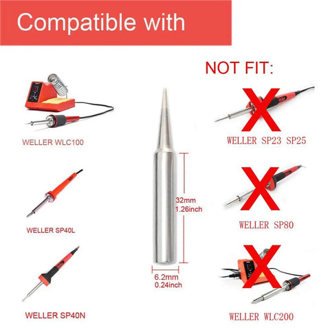 ST7 Soldering Iron Tips For Weller WLC100 And Weller SP40 5 Piece Set shown with compatibility and non-compatibility details