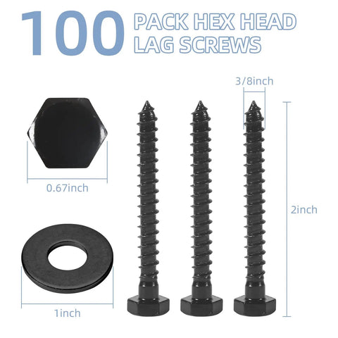 Black metal lag screws with washers, 2 inches long, part of Beefy 100 Pack Wood Lag Screws Three Eighths Inch By Two Inches Hex Head Bolts