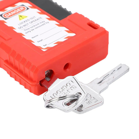 Close-up of key inserted in Lockout Cable Lock 1m Stainless Steel LOTO Lock with Warning Tags for Circuit Breakers