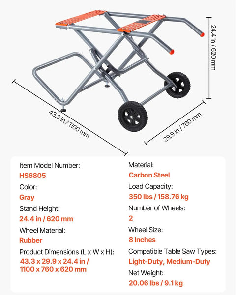 Heavy Duty Portable Table Saw Stand Built Like A Tank With Sweet Rolling Wheels And A Quick Fold Design in gray carbon steel.