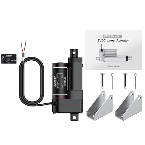 Justech 12V heavy-duty linear actuator with mounting brackets, control box, wiring and manual front view