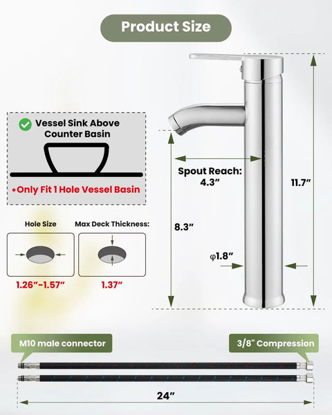 Diagram of Ultra Sleek Modern Tall Vessel Sink Faucet With Single Handle One Hole Mount, showing dimensions and connections.