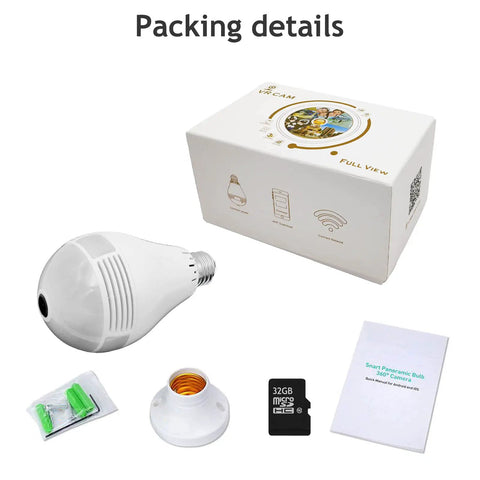 Packaging of 1080P Full HD Light Bulb Camera With 360 Degree View 32GB SD Card Included 2.4GHz WiFi Night Vision Motion Detection Wireless Home Surveillance For Baby And Pets Plug And Play Setup