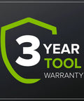 3 year warranty badge for tools with bold text on a dark background featuring a green shield outline.