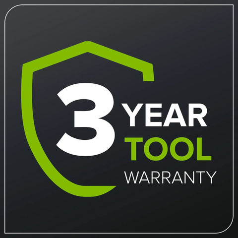 3 year warranty badge for tools with bold text on a dark background featuring a green shield outline.