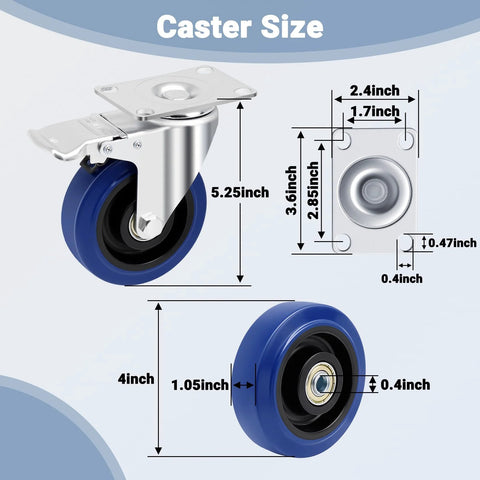 4 Inch Soft Rubber Caster Wheels With Brakes Heavy Duty Plate Swivel Castors Industrial Grade 1800 Lb Capacity Blue Floor Safe Casters For Road Cases Dollies Equipment And Machinery Cushioned Shock Absorption For Smooth Quiet Rolling size dimensions shown