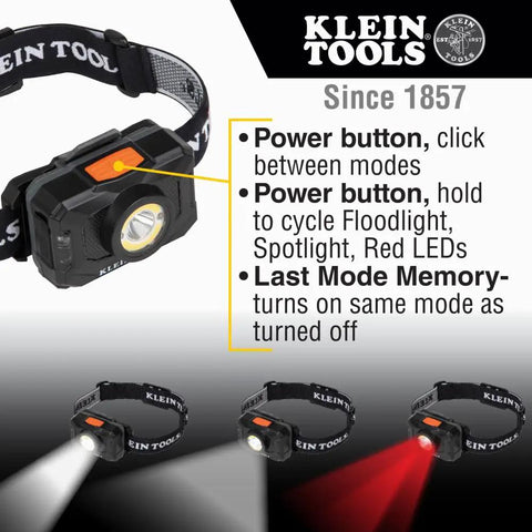 Rechargeable Two Color LED Headlamp With Durable Fabric Strap, Spotlight And Floodlight Modes, Red LED Indicator shown