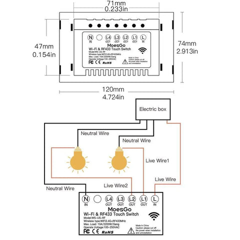 Wiring diagram for WiFi Smart Wall Light Switch With Glass Panel 3 Way Multi Control 2.4GHz Touch Switches Neutral Wire Required