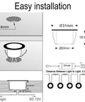 Diagram of 30 Pack 1.22 Inch Low Voltage RGBW Deck Lights with WiFi App, detailing size and easy installation steps.