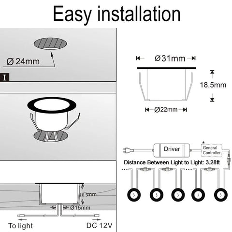 Diagram of 30 Pack 1.22 Inch Low Voltage RGBW Deck Lights with WiFi App, detailing size and easy installation steps.