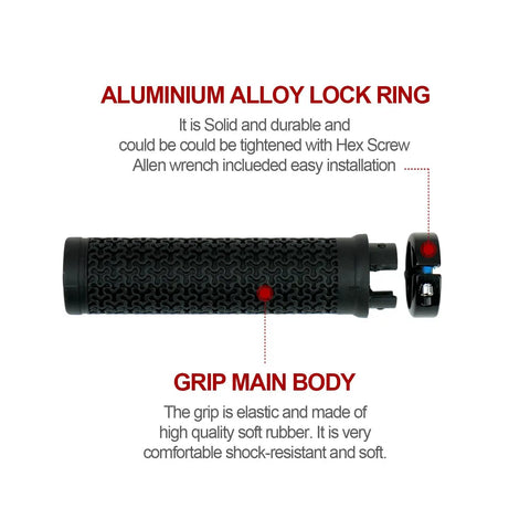 Ergonomic Bike Handlebar Grips With Lock On Aluminum Alloy Clamp, black soft anti-slip rubber grip shown in detail.