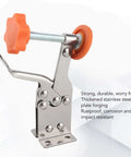 Vertical Toggle Clamp in Stainless Steel with orange handle, heavy-duty hold-down tool for woodworking and cabinetry close-up