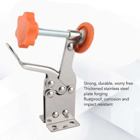 Vertical Toggle Clamp in Stainless Steel with orange handle, heavy-duty hold-down tool for woodworking and cabinetry close-up
