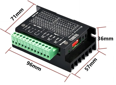 TB6600 stepper motor driver module with green screw-terminal block and black heatsink, front view