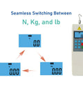 Digital Push Pull Force Gauge With Five Test Modes And Three Display Options Switch Between Newtons Kilograms And Pounds Includes Local Gravity Adjustment For Precise Readouts And Easy Calibration showing N Kg lb display switches
