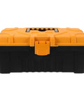 Rugged Multilayer Plastic Toolbox With A Secure Snap Latch And Spacious Yet Compact Shape, front view showcasing orange lid and black base.