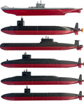 Six 12-Inch Submarine Model Set For Desk Display And Collectors Alike Featuring U-Boat, Sturgeon, Typhoon, Benjamin Franklin, Lafayette, And Los Angeles-Class Replicas, side view.