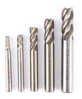 Five 4-flute HSS end mills with straight shanks, 4–12 mm diameters, silver CNC cutter set