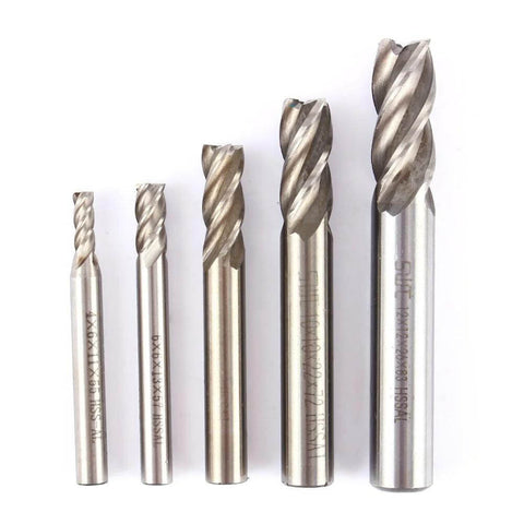 Five 4-flute HSS end mills with straight shanks, 4–12 mm diameters, silver CNC cutter set