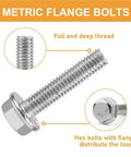 135 Piece M6 Flange Bolt Kit Heavy Duty With Nuts And Flat Washers In 304 Stainless Steel, close-up of bolt threads and flange.