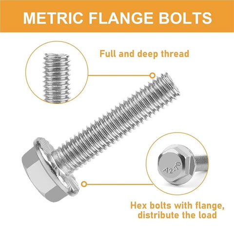 135 Piece M6 Flange Bolt Kit Heavy Duty With Nuts And Flat Washers In 304 Stainless Steel, close-up of bolt threads and flange.