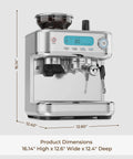Straight Up Game Changer Espresso Machine With Built In Grinder And Genuine 20 Bar Pressure Stainless Steel Coffee Maker dimensions 16.14" high, 12.6" wide, 12.4" deep.
