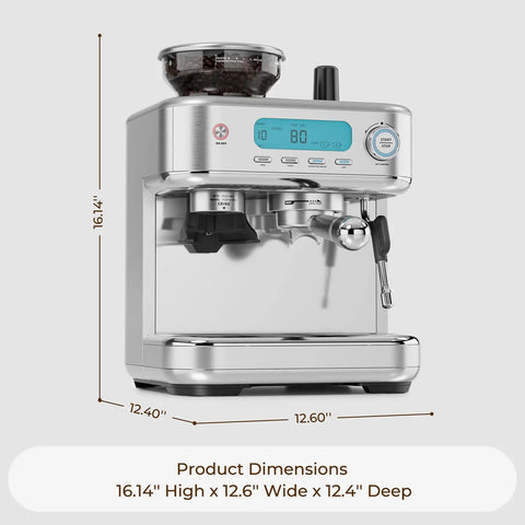 Straight Up Game Changer Espresso Machine With Built In Grinder And Genuine 20 Bar Pressure Stainless Steel Coffee Maker dimensions 16.14" high, 12.6" wide, 12.4" deep.