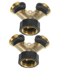 Two Pack Brass Hose Y Splitter With Quick Connect Garden Hose Connector And Water Adapter For Dual Outlets Perfect For Backyard Irrigation Sprinkler Systems And Drip Setup, showing two brass splitters with black levers.