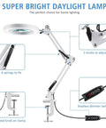 10X Magnifying Glass With Light And Stand showing swivel arm and dimmer control, optical grade glass lens, white LED desk magnifier.