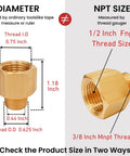2 Pack Brass Pipe Fittings One Half Inch NPT Female To Three Eighths Inch NPT Male Reducer Adapter with measurement details