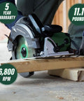 Beefy Corded Circular Saw Kit For Pros With Seven And A Quarter Inch Blade, 6800 RPM No Load Speed, being used on wood