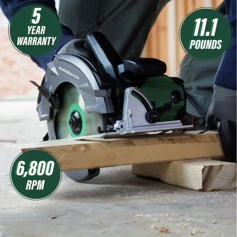Beefy Corded Circular Saw Kit For Pros With Seven And A Quarter Inch Blade, 6800 RPM No Load Speed, being used on wood