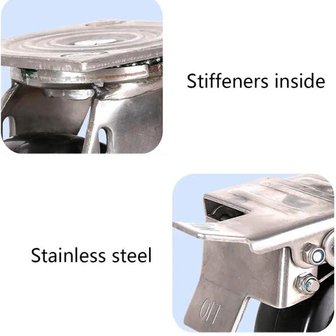 Heavy Duty Caster Wheels For Flat Carts Crafted From Bulletproof 304 Stainless Steel showing stiffeners and stainless steel structure.