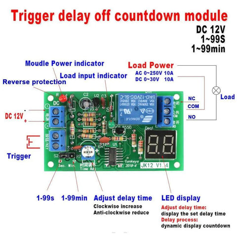 12V Digital LED Countdown Timer And Delay Relay Module With Adjustable 1 To 99 Seconds Or Minutes Trigger and indicators