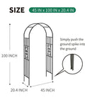 Diagram of a Sturdy Black Wrought Iron Pergola Arbor Garden Arch With Ground Spikes 100 Inches High And 45 Inches Wide Outdoor Climbing Plants Trellis For Weddings Parties And Patio Decor, showing dimensions and spike detail.