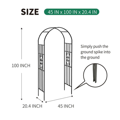 Diagram of a Sturdy Black Wrought Iron Pergola Arbor Garden Arch With Ground Spikes 100 Inches High And 45 Inches Wide Outdoor Climbing Plants Trellis For Weddings Parties And Patio Decor, showing dimensions and spike detail.