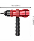 Electric Rivet Nut Adapter Kit with Detachable Handle, red metal body shown with measurements, for 3mm M4 5mm 6mm M8 10mm rivet nuts