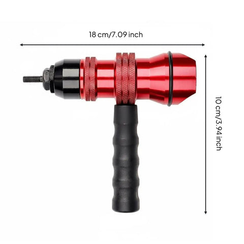 Electric Rivet Nut Adapter Kit with Detachable Handle, red metal body shown with measurements, for 3mm M4 5mm 6mm M8 10mm rivet nuts