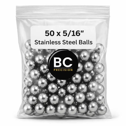 Five Sixteenths Inch 440 Stainless Steel Ball Bearings G25 Precision Grade Pack Of Fifty For Smooth, High Accuracy Motion And Heavy Duty Performance And Longevity. pack of 50 5/16 inch stainless steel balls in clear bag