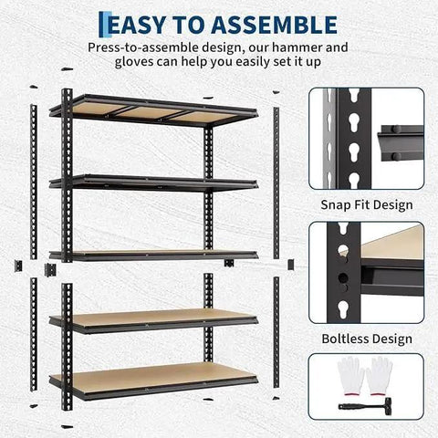 Heavy Duty Five Tier Metal Shelving Rack Featuring Reinforced Steel Frame And Durable Mdf Boards Holds Sixty Five Pounds Per Level Quick No Sweat Boltless Setup Built For Rugged Garage Storage, showing snap fit and boltless design.