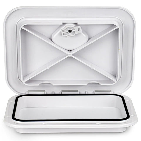 Rugged Abs Marine Deck Access Hatch 14 Inch Rectangle Boat Lid Featuring Slick Non Slip Texture And Weather Tight Fit For Yachts And Dockside Projects Top Shelf Durability That Goes The Distance - Open view displaying interior rubber gasket.