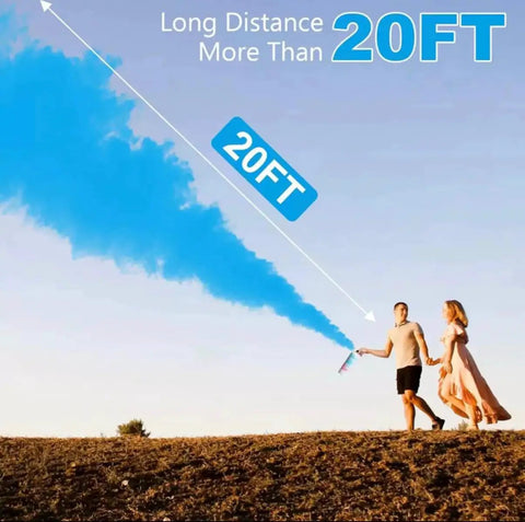 Gender Reveal Powder Blue Cylinder Cannon Squeeze Handle Flips Out With Bright Corn Silk Confetti For Your Next Bash To Absolutely Rock The Room And Go Down As A Legend Among Friends. Couple celebrating with blue powder smoke, visible distance over 20FT.